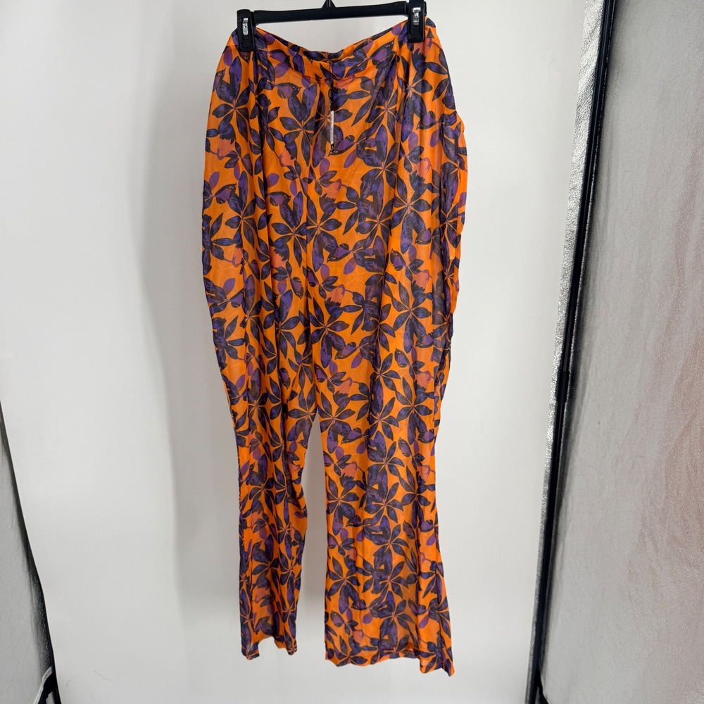 PrettyLittleThing Orange Purple Floral Sheer Beach Flare Pants Plus Size 18 NWT
